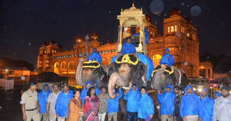 ಮಳೆ ನಡುವೆಯೇ ಅಂಬಾರಿ ತಾಲೀಮು