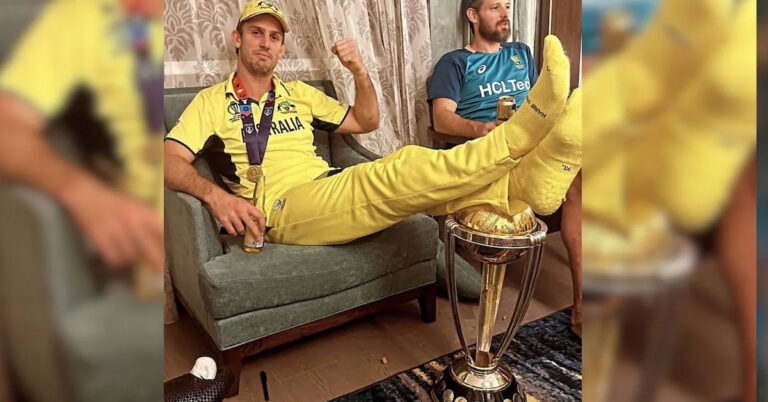 ವಿಶ್ವಕಪ್ ಮೇಲೆ ಕಾಲಿಟ್ಟು ಉದ್ದಟತನ ಮೆರೆದ ಮಿಚೆಲ್ ಮಾರ್ಷ್