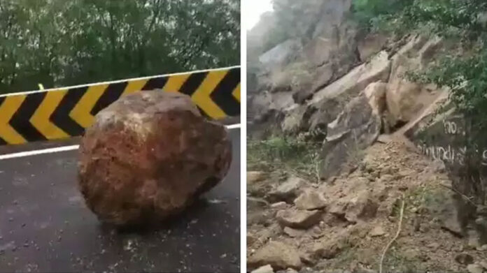 Rock falls on road in Chamundi Hills