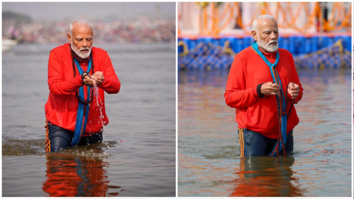 PM Modi at Maha Kumbh Mela, takes holy dip at Triveni Sangam