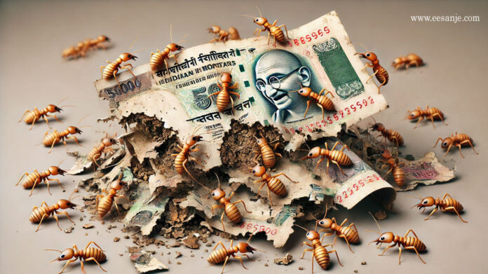 termites eating Indian currency