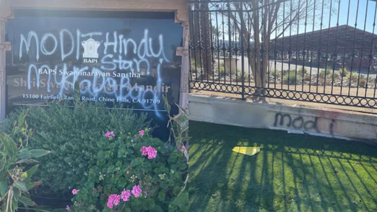 ಅಮೆರಿಕದಲ್ಲಿ ಹಿಂದೂ ದೇವಾಲಯದ ಗೋಡೆ ವಿರೂಪಗೊಳಿಸಿದ ಅಪರಿಚಿತ ವ್ಯಕ್ತಿ