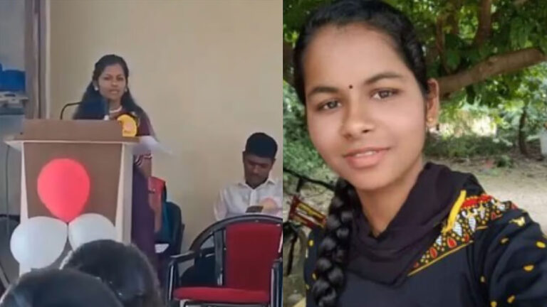 ಭಾಷಣ ಮಾಡುತ್ತಿದ್ದಾಗಲೇ ಕುಸಿದು ಬಿದ್ದು ಮೃತಪಟ್ಟ ವಿದ್ಯಾರ್ಥಿನಿ ಭಾಷಣ ಮಾಡುತ್ತಿದ್ದಾಗಲೇ ಕುಸಿದು ಬಿದ್ದು ಮೃತಪಟ್ಟ ವಿದ್ಯಾರ್ಥಿನಿ